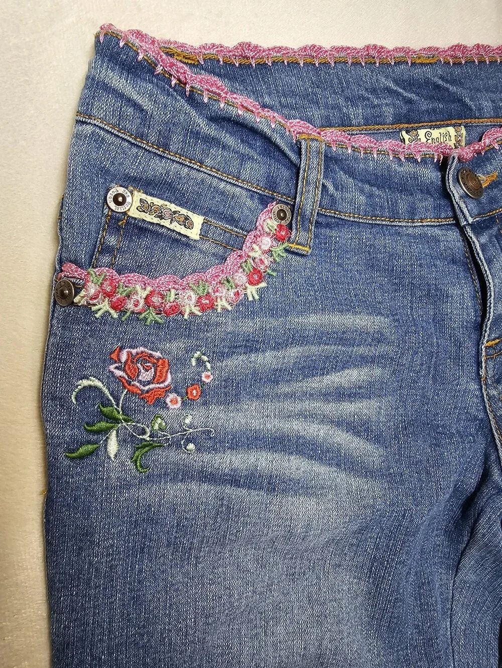 VTG 2004 The English Roses by Madonna Floral Crochet Flare Jeans Girls Size 10